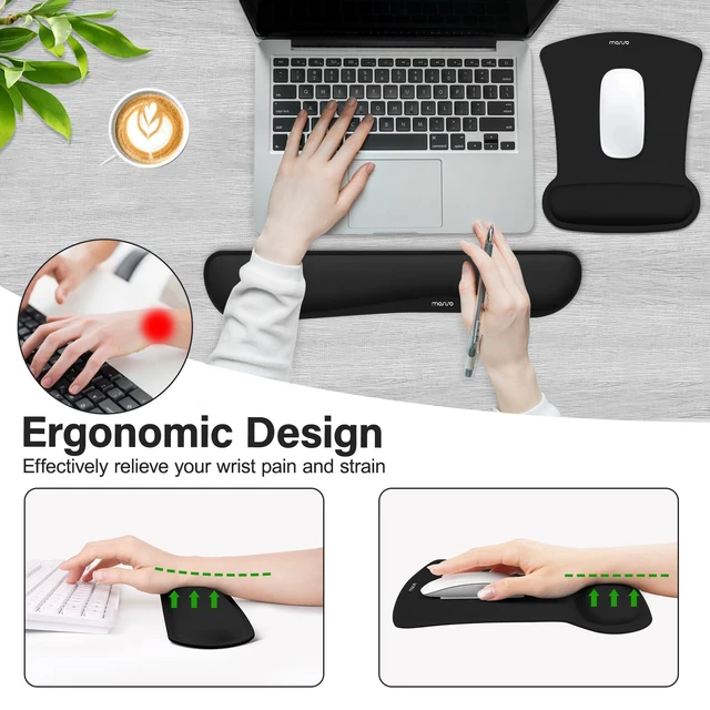 Alt view image 3 of 7 - Wrist Rest Support for Mouse Pad & Keyboard Set, Black | Ergonomic Mousepad Non-Slip Base Home/Office Pain Relief & Easy Typing Cushion with Neoprene Cloth & Raised Memory Foam