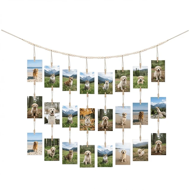 Main image of Hanging Photo Display with Clips, Boho Wooden Beads Garland Picture Banner, 48 Clips, Wall Decor for Room Dorm Christmas