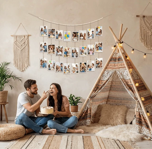 Alt view image 3 of 7 - Hanging Photo Display with Clips, Boho Wooden Beads Garland Picture Banner, 48 Clips, Wall Decor for Room Dorm Christmas