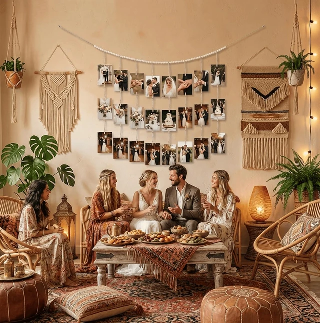 Alt view image 5 of 7 - Hanging Photo Display with Clips, Boho Wooden Beads Garland Picture Banner, 48 Clips, Wall Decor for Room Dorm Christmas