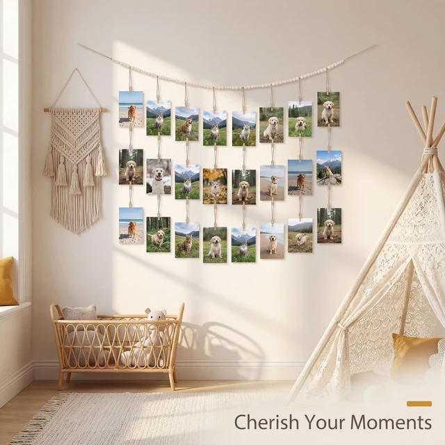 Alt view image 2 of 7 - Hanging Photo Display with Clips, Boho Wooden Beads Garland Picture Banner, 48 Clips, Wall Decor for Room Dorm Christmas