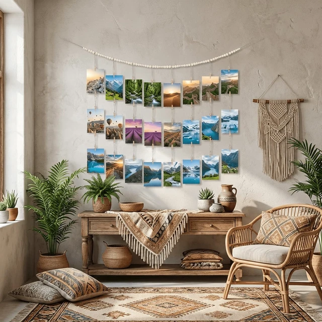 Alt view image 4 of 7 - Hanging Photo Display with Clips, Boho Wooden Beads Garland Picture Banner, 48 Clips, Wall Decor for Room Dorm Christmas