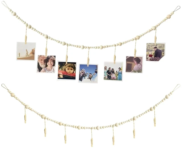 Main image of 2 Pcs Hanging Photo Display Wall Decor 65'' Boho Wooden Bead Garland Picture Hanging String Photo Hangers with 18 Clips for Office Cubicle Decor Dorm Bedroom Living Room