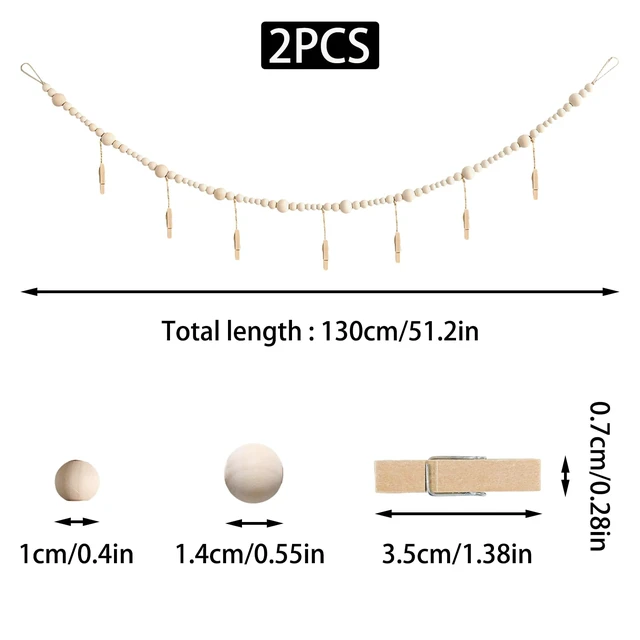 Alt view image 2 of 5 - 2 Pcs Hanging Photo Display Wall Decor 65'' Boho Wooden Bead Garland Picture Hanging String Photo Hangers with 18 Clips for Office Cubicle Decor Dorm Bedroom Living Room