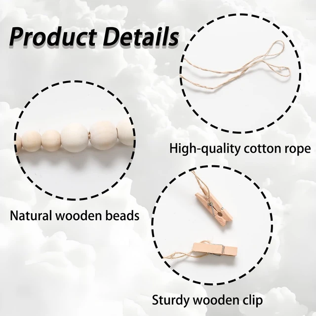 Alt view image 3 of 5 - 2 Pcs Hanging Photo Display Wall Decor 65'' Boho Wooden Bead Garland Picture Hanging String Photo Hangers with 18 Clips for Office Cubicle Decor Dorm Bedroom Living Room