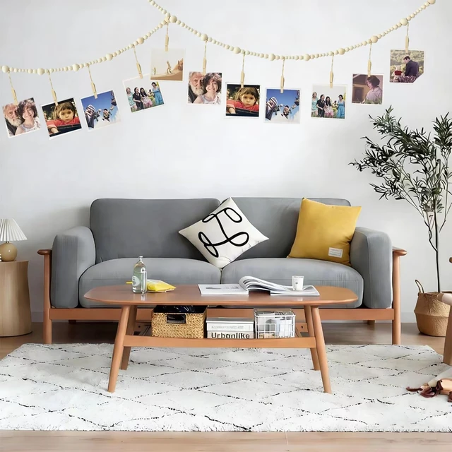 Alt view image 4 of 5 - 2 Pcs Hanging Photo Display Wall Decor 65'' Boho Wooden Bead Garland Picture Hanging String Photo Hangers with 18 Clips for Office Cubicle Decor Dorm Bedroom Living Room