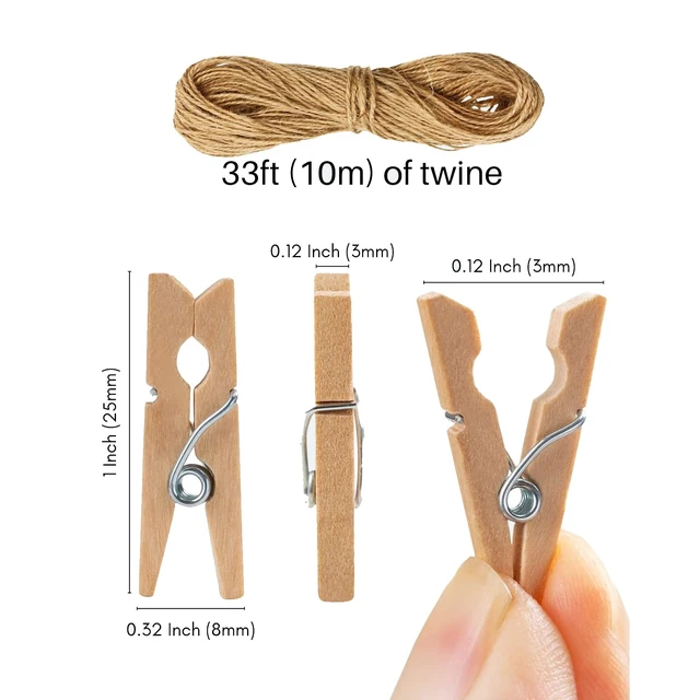 Alt view image 2 of 7 - Mini Clothespins 200 Pcs, 1" Wooden Clothespins with 11FT Jute Twine | Small Clothes Pins for Photos, Crafts, Home Decor & Art Projects, Reusable Multi-Purpose Clothespins for DIY Projects