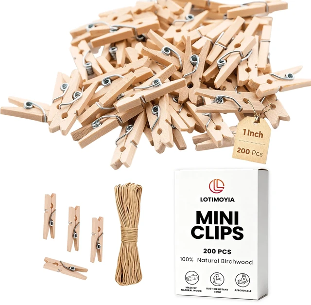 Main image of Mini Clothespins 200 Pcs, 1" Wooden Clothespins with 11FT Jute Twine | Small Clothes Pins for Photos, Crafts, Home Decor & Art Projects, Reusable Multi-Purpose Clothespins for DIY Projects