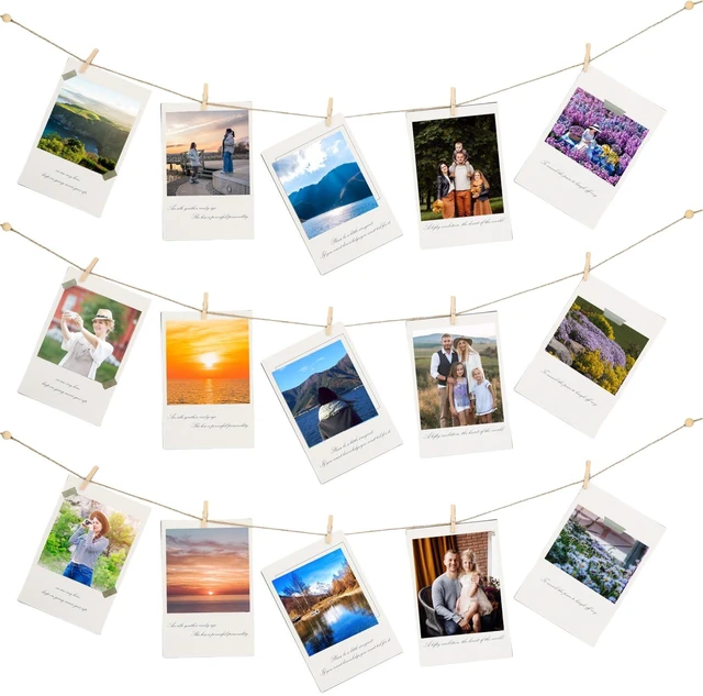 Main image of 100 Pcs Wooden Clothespins for Photo Hanging Display, Mini Clothes Pins with String, Photo Display Hanging Clips for Crafts Pictures Photos Home Birthday Wedding Party Decoration
