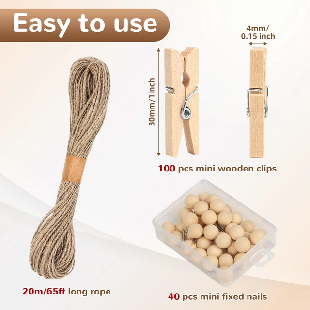 Alt view image 2 of 7 - 100 Pcs Wooden Clothespins for Photo Hanging Display, Mini Clothes Pins with String, Photo Display Hanging Clips for Crafts Pictures Photos Home Birthday Wedding Party Decoration