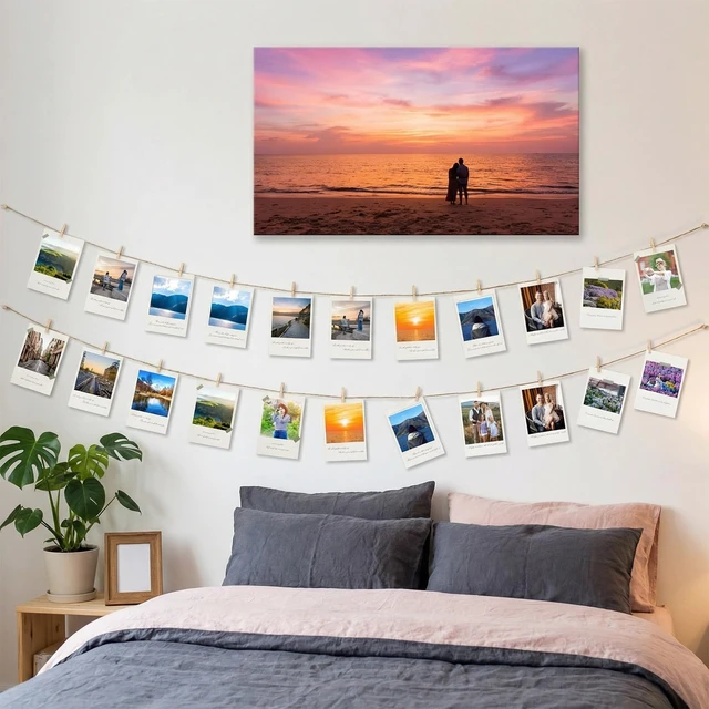 Alt view image 3 of 7 - 100 Pcs Wooden Clothespins for Photo Hanging Display, Mini Clothes Pins with String, Photo Display Hanging Clips for Crafts Pictures Photos Home Birthday Wedding Party Decoration