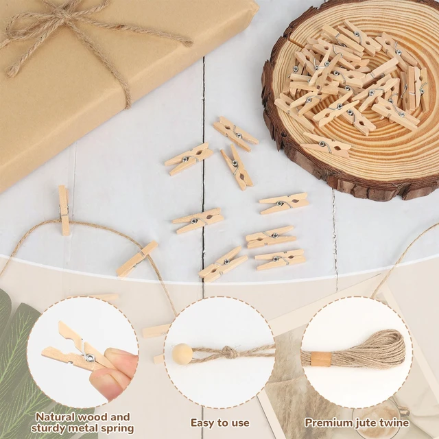 Alt view image 5 of 7 - 100 Pcs Wooden Clothespins for Photo Hanging Display, Mini Clothes Pins with String, Photo Display Hanging Clips for Crafts Pictures Photos Home Birthday Wedding Party Decoration