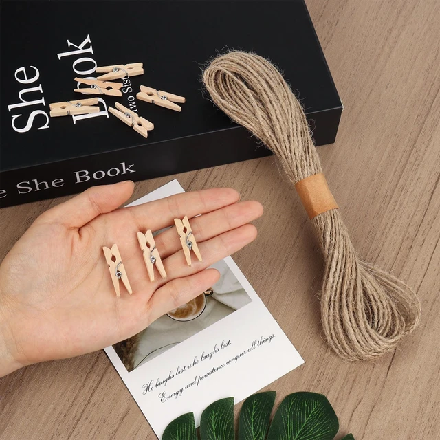 Alt view image 6 of 7 - 100 Pcs Wooden Clothespins for Photo Hanging Display, Mini Clothes Pins with String, Photo Display Hanging Clips for Crafts Pictures Photos Home Birthday Wedding Party Decoration