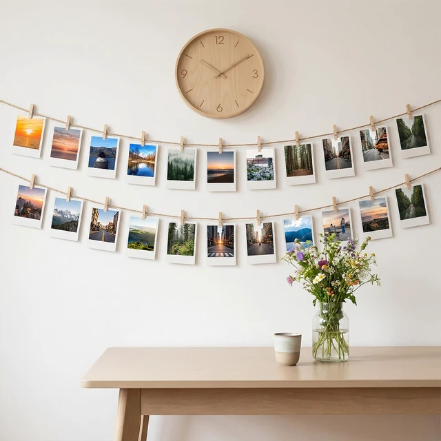 Alt view image 7 of 7 - 100 Pcs Wooden Clothespins for Photo Hanging Display, Mini Clothes Pins with String, Photo Display Hanging Clips for Crafts Pictures Photos Home Birthday Wedding Party Decoration