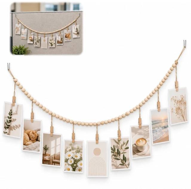 Main image of Hanging Photo Display with Clips Photo Garland Photos String with Clips | 9 Wood Clips,2 Cubicle Clips Picture Display Picture Inside Decoration for Party Wall Bedroom, Living Room Office Decor Party