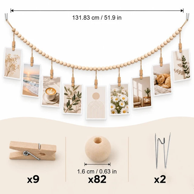 Alt view image 2 of 7 - Hanging Photo Display with Clips Photo Garland Photos String with Clips | 9 Wood Clips,2 Cubicle Clips Picture Display Picture Inside Decoration for Party Wall Bedroom, Living Room Office Decor Party