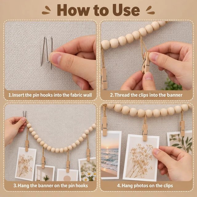 Alt view image 3 of 7 - Hanging Photo Display with Clips Photo Garland Photos String with Clips | 9 Wood Clips,2 Cubicle Clips Picture Display Picture Inside Decoration for Party Wall Bedroom, Living Room Office Decor Party