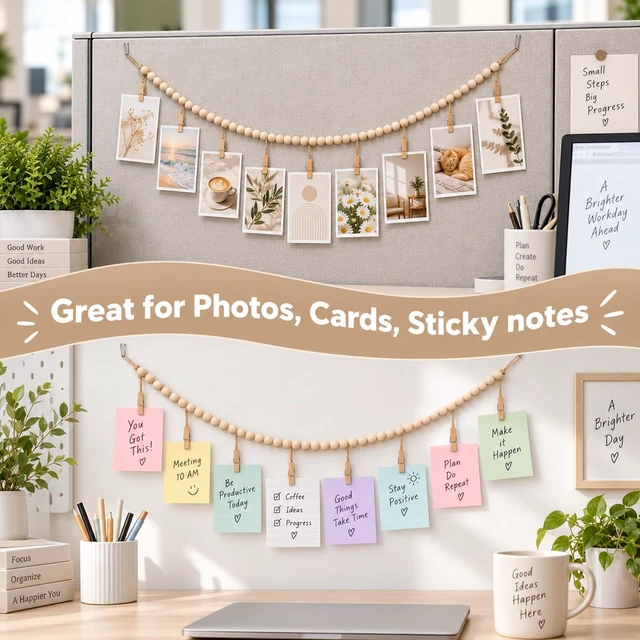 Alt view image 4 of 7 - Hanging Photo Display with Clips Photo Garland Photos String with Clips | 9 Wood Clips,2 Cubicle Clips Picture Display Picture Inside Decoration for Party Wall Bedroom, Living Room Office Decor Party