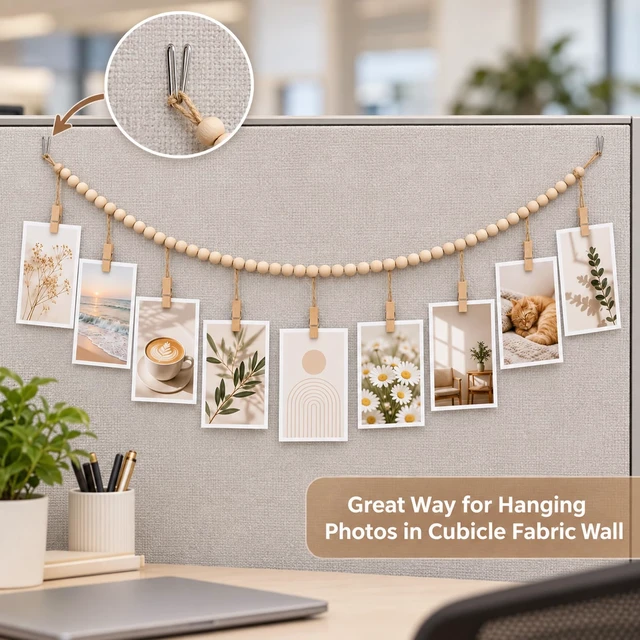 Alt view image 6 of 7 - Hanging Photo Display with Clips Photo Garland Photos String with Clips | 9 Wood Clips,2 Cubicle Clips Picture Display Picture Inside Decoration for Party Wall Bedroom, Living Room Office Decor Party