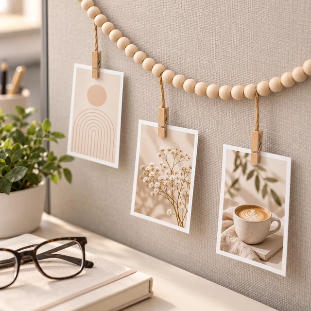 Alt view image 7 of 7 - Hanging Photo Display with Clips Photo Garland Photos String with Clips | 9 Wood Clips,2 Cubicle Clips Picture Display Picture Inside Decoration for Party Wall Bedroom, Living Room Office Decor Party