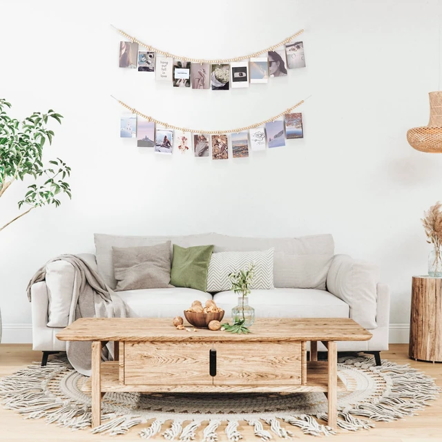 Alt view image 2 of 7 - Hanging Photo Display with Clips, 2 Pcs Boho Wood Beads String Banner