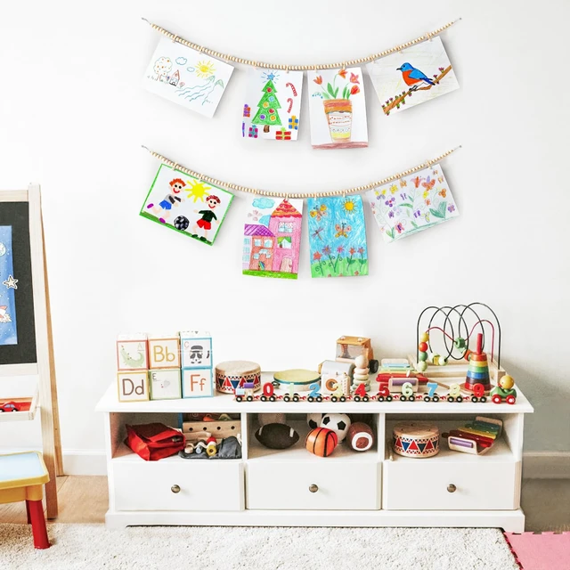 Alt view image 3 of 7 - Hanging Photo Display with Clips, 2 Pcs Boho Wood Beads String Banner