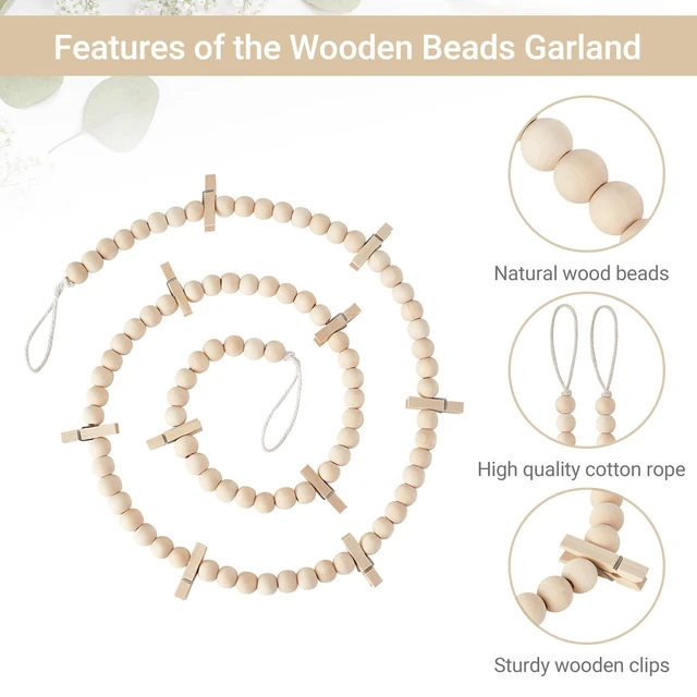 Alt view image 6 of 7 - Hanging Photo Display with Clips, 2 Pcs Boho Wood Beads String Banner