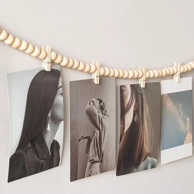 Alt view image 5 of 7 - Hanging Photo Display with Clips, 2 Pcs Boho Wood Beads String Banner