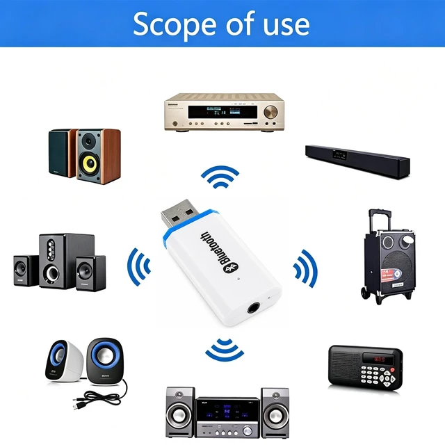 Alt view image 5 of 7 - USB Bluetooth Adapter, Bluetooth USB Audio Receiver Wireless Adapter for Home/Car Stereo System, Portable Speakers with AUX in & 3.5mm Cable (White)