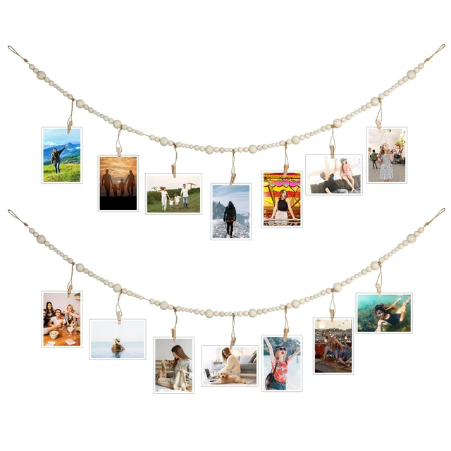 Alt view image 3 of 7 - 4 Feet Hanging Photo Display with Clips, Wooden Bead Garland Boho Style Collage Photo Frame Decoration Collage Card Picture Kids Art Holder String for Dorms Classrooms Bedrooms Living Room Christmas