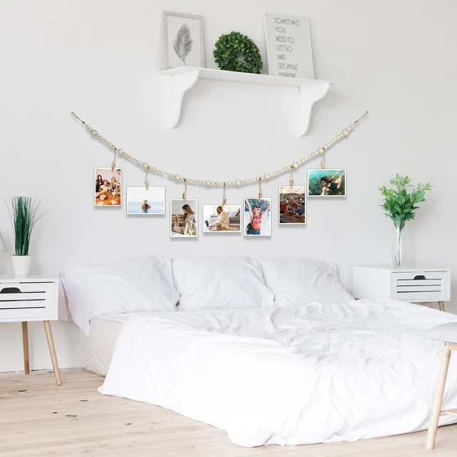 Alt view image 4 of 7 - 4 Feet Hanging Photo Display with Clips, Wooden Bead Garland Boho Style Collage Photo Frame Decoration Collage Card Picture Kids Art Holder String for Dorms Classrooms Bedrooms Living Room Christmas