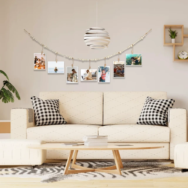 Alt view image 7 of 7 - 4 Feet Hanging Photo Display with Clips, Wooden Bead Garland Boho Style Collage Photo Frame Decoration Collage Card Picture Kids Art Holder String for Dorms Classrooms Bedrooms Living Room Christmas