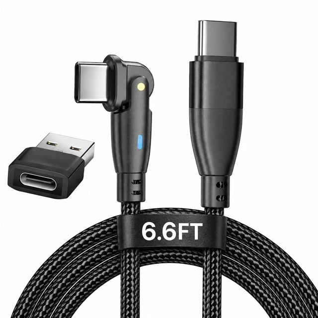 Main image of Long USB C to USB C Cable 6.6FT, Right Angle 180 Rotating, PD 60W | 90 Degree Angled Type C Cable, Fast Charging USB C Cord 6FT, Braided, LED, for iPhone 18 17 16 15, MacBook, iPad, Galaxy