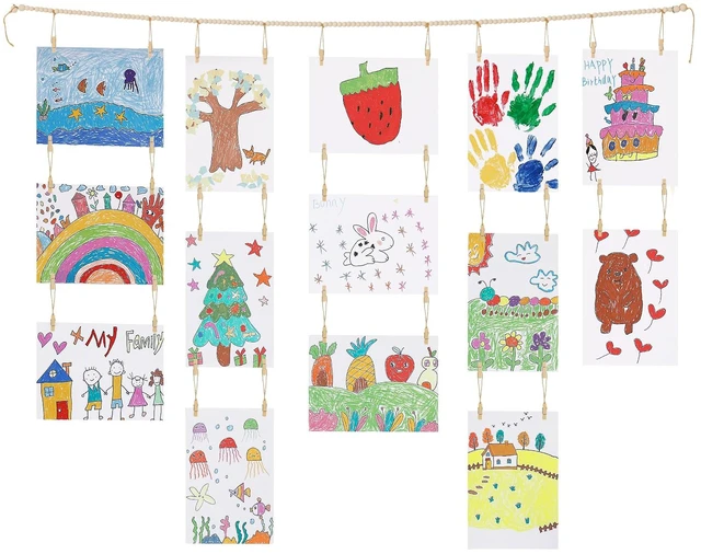 Main image of Art Display Wall Decor, Wood Beads Garland with 34 Clips | Art Display for Kids Artwork, Wall Hanging Boho Bedroom Decor, Kids Room Decor, Classroom Decor