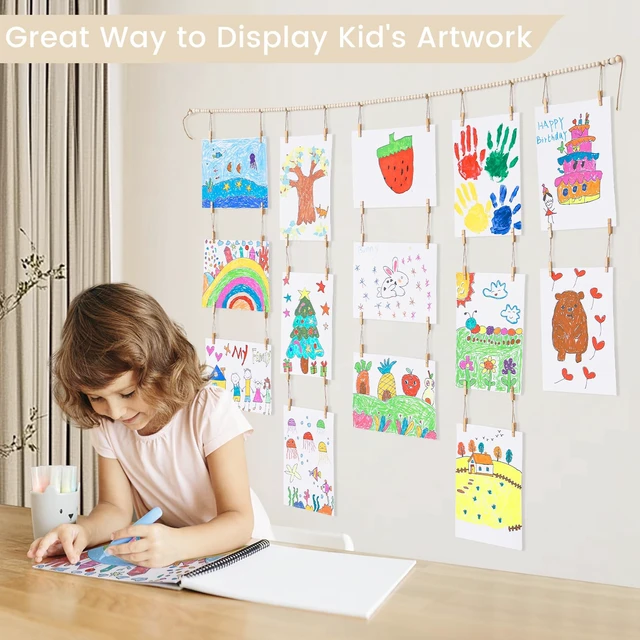 Alt view image 2 of 7 - Art Display Wall Decor, Wood Beads Garland with 34 Clips | Art Display for Kids Artwork, Wall Hanging Boho Bedroom Decor, Kids Room Decor, Classroom Decor