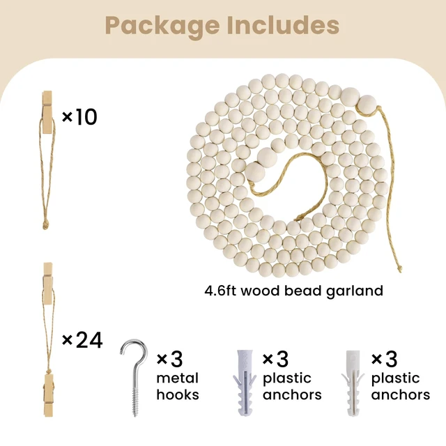 Alt view image 4 of 7 - Art Display Wall Decor, Wood Beads Garland with 34 Clips | Art Display for Kids Artwork, Wall Hanging Boho Bedroom Decor, Kids Room Decor, Classroom Decor