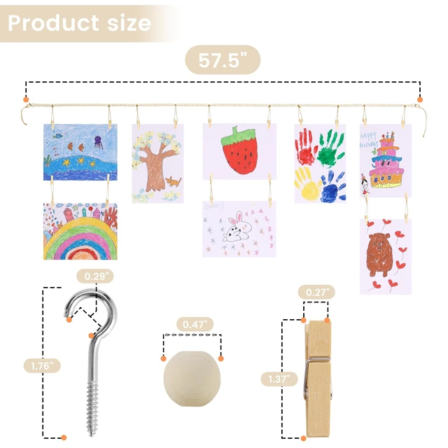 Alt view image 5 of 7 - Art Display Wall Decor, Wood Beads Garland with 34 Clips | Art Display for Kids Artwork, Wall Hanging Boho Bedroom Decor, Kids Room Decor, Classroom Decor