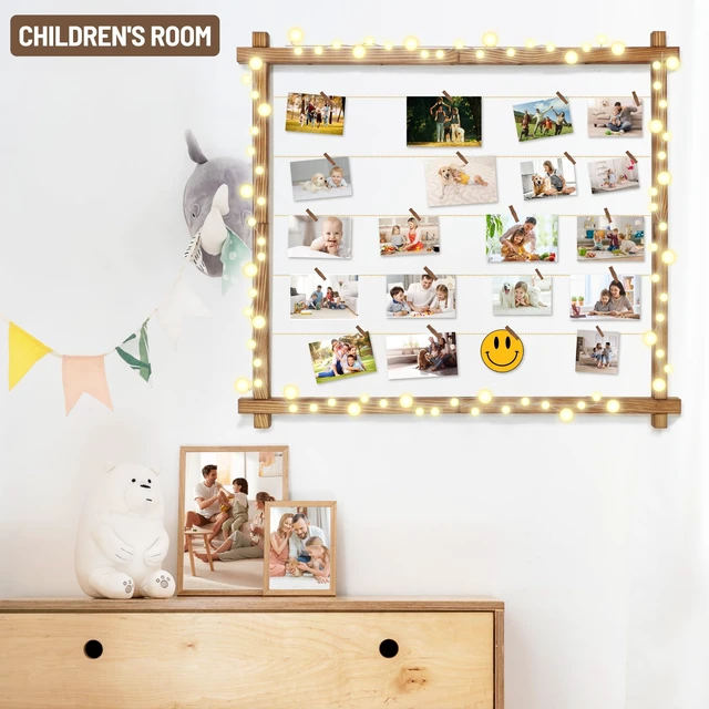 Alt view image 3 of 7 - Photo Display Board,Collage Picture Frame With Clips,Graduation Decor | Wall Hanging Multiple Pictures Holder for Birthday Wedding Party Christmas,Bead String,Pine Wood,Upgraded,Carbonized Brown