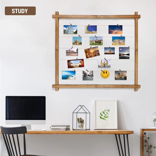 Alt view image 4 of 7 - Photo Display Board,Collage Picture Frame With Clips,Graduation Decor | Wall Hanging Multiple Pictures Holder for Birthday Wedding Party Christmas,Bead String,Pine Wood,Upgraded,Carbonized Brown