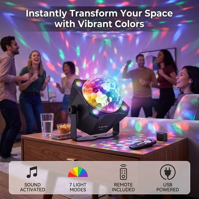 Alt view image 3 of 7 - Party Lights Disco Ball Light, LED 6 Color | Sound Activated, Strobe Effect, Remote Control, For Halloween Christmas Parties Birthday Karaoke