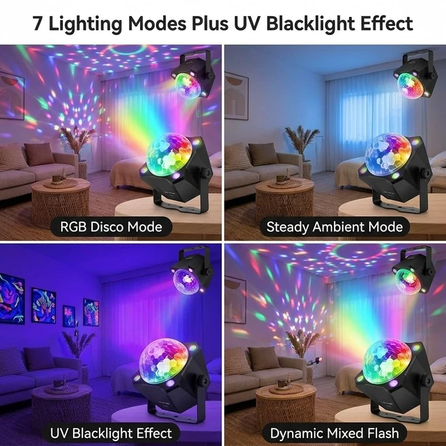 Alt view image 7 of 7 - Party Lights Disco Ball Light, LED 6 Color | Sound Activated, Strobe Effect, Remote Control, For Halloween Christmas Parties Birthday Karaoke