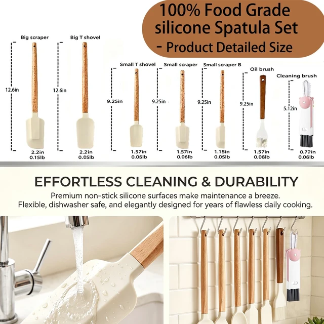 Alt view image 2 of 7 - Silicone Spatula Set - 7 Piece Food Grade Rubber Spatula with Wooden Handle | Heat Resistant Up to 600°F,Kitchen Utensils Set for Baking, Cooking & Mixing, Scraping