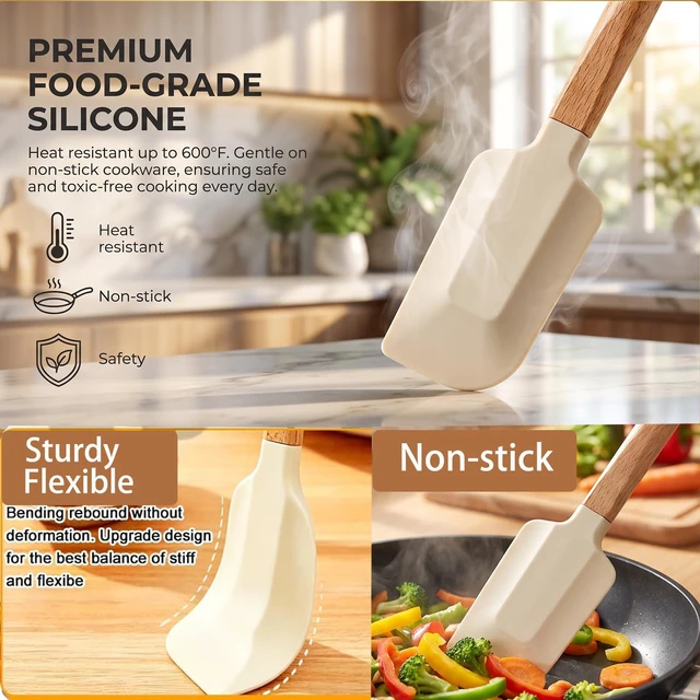 Alt view image 3 of 7 - Silicone Spatula Set - 7 Piece Food Grade Rubber Spatula with Wooden Handle | Heat Resistant Up to 600°F,Kitchen Utensils Set for Baking, Cooking & Mixing, Scraping