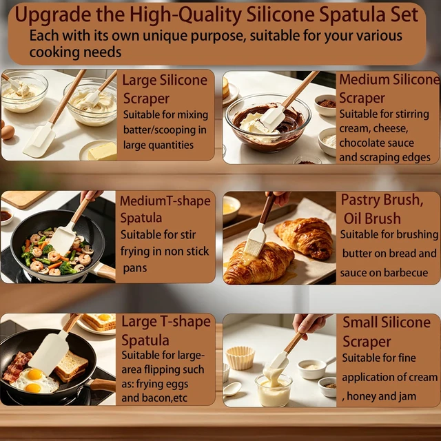 Alt view image 4 of 7 - Silicone Spatula Set - 7 Piece Food Grade Rubber Spatula with Wooden Handle | Heat Resistant Up to 600°F,Kitchen Utensils Set for Baking, Cooking & Mixing, Scraping