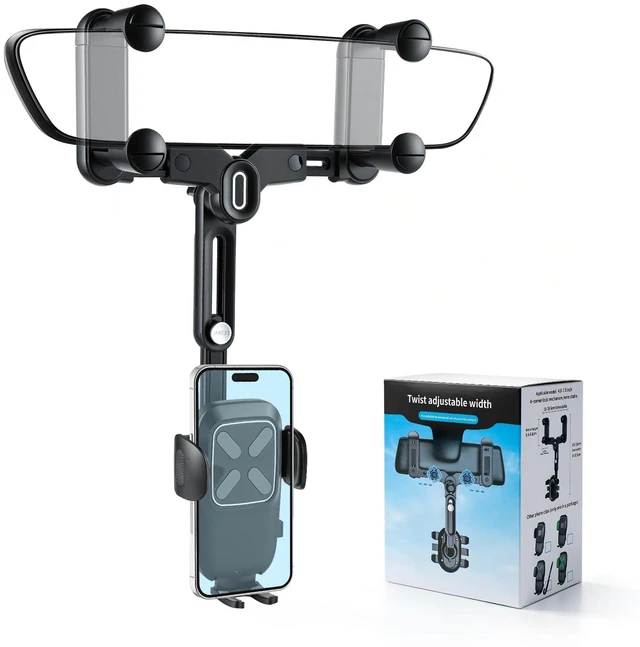 Main image of Car Phone Holder, Anti-Shake Rear View Mirror Phone Holder for Car, 360° Rotating and Retractable Rearview Mobile Holder for Car, Fit for Almost Smartphones & Bigger Vehicle
