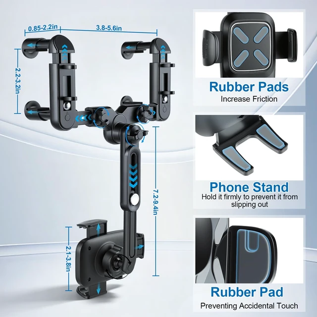Alt view image 2 of 7 - Car Phone Holder, Anti-Shake Rear View Mirror Phone Holder for Car, 360° Rotating and Retractable Rearview Mobile Holder for Car, Fit for Almost Smartphones & Bigger Vehicle