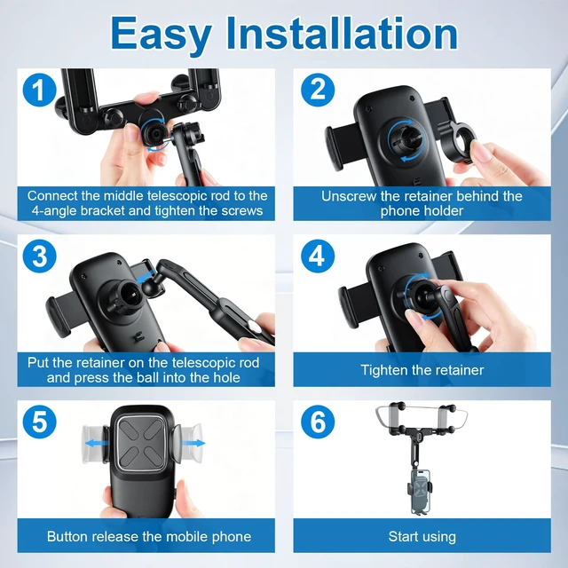 Alt view image 3 of 7 - Car Phone Holder, Anti-Shake Rear View Mirror Phone Holder for Car, 360° Rotating and Retractable Rearview Mobile Holder for Car, Fit for Almost Smartphones & Bigger Vehicle