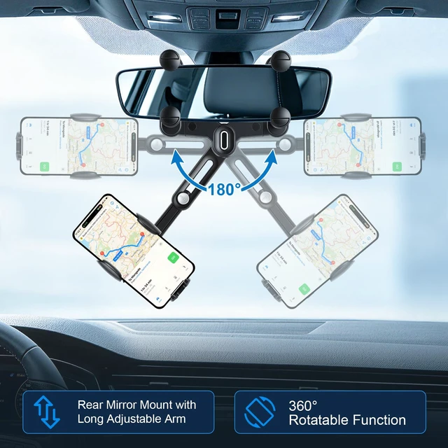 Alt view image 5 of 7 - Car Phone Holder, Anti-Shake Rear View Mirror Phone Holder for Car, 360° Rotating and Retractable Rearview Mobile Holder for Car, Fit for Almost Smartphones & Bigger Vehicle