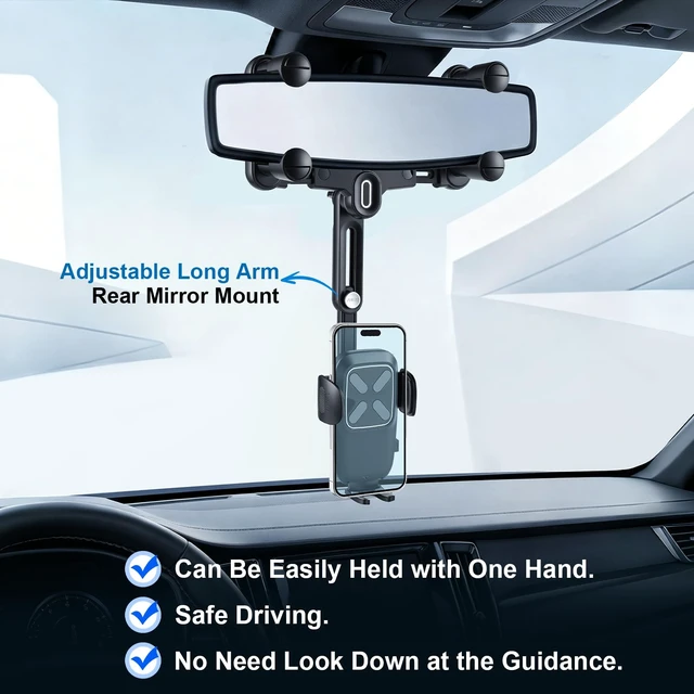 Alt view image 7 of 7 - Car Phone Holder, Anti-Shake Rear View Mirror Phone Holder for Car, 360° Rotating and Retractable Rearview Mobile Holder for Car, Fit for Almost Smartphones & Bigger Vehicle