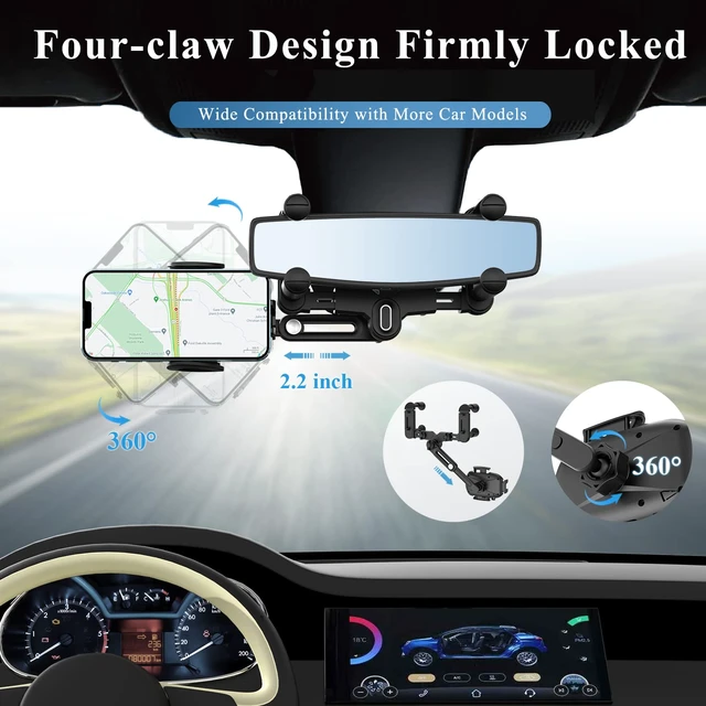 Alt view image 2 of 7 - Car Phone Holder for Rearview Mirror, 360 Rotatable and Retractable, Fits 4.0-7.0 Inch Smartphones, Mirror-Black